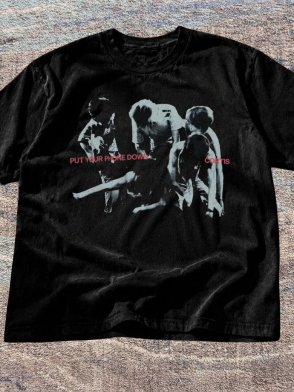 Gildan Black Short Sleeve Tee with Pale Gray Graphic and Red Text